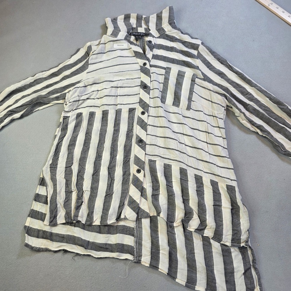 Michael Tyler Mixed Stripe Button Down Tunic Top Grey White Distressed XL